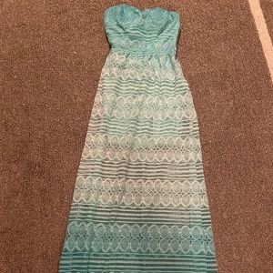 Floor length laced turquoise dress